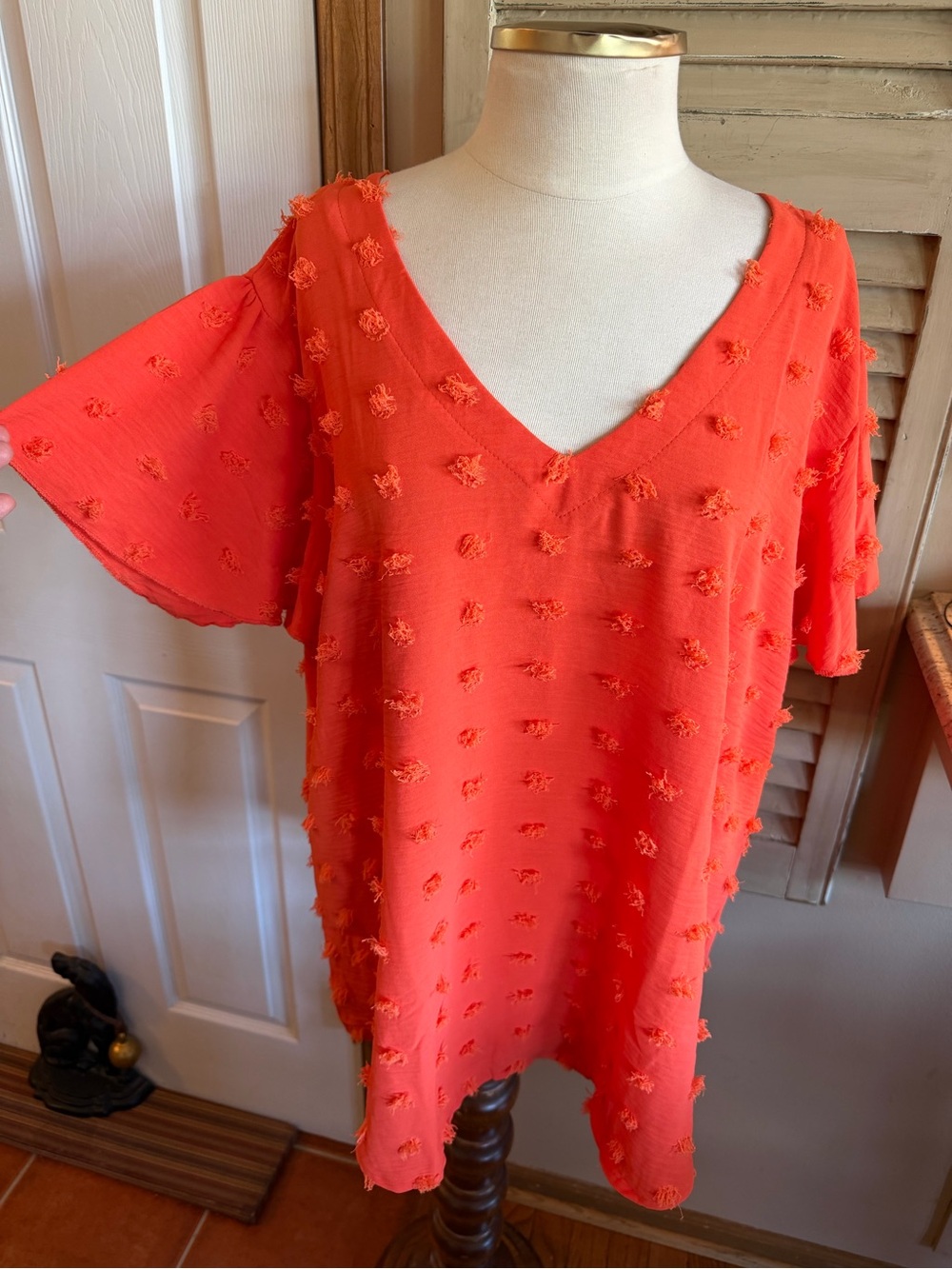 Beautiful Textured V-Neck Flutter Sleeve Tunic in Coral